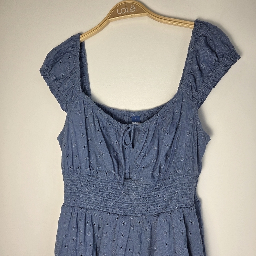 Old Navy Blue Embroidered Eyelet Waist-Defined Smocked Mini Dress - Picture 6 of 10